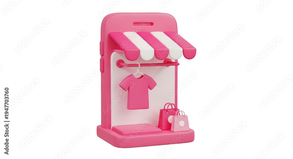 Fototapeta premium A 3d render of pink phone with an online store and clothing shop front