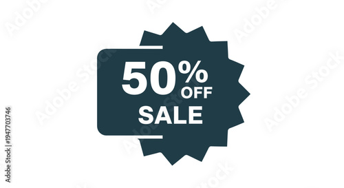 A dark blue starburst label displaying a fifty percent off sale