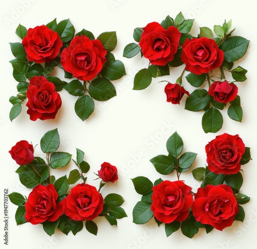 four corner arrangements of vibrant red roses and glossy green leaves on a pale background forming a romantic floral frame with an empty center