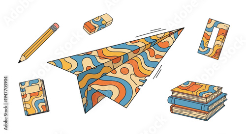 Colorful illustration of a paper airplane with school supplies nearby