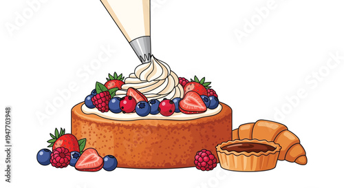 A partially decorated cake with fresh berries and pastry nearby