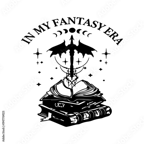 In My Fantasy Era Gothic Typography T Shirt Design with Dragon, Sword and Magic Book Black and White Graphic Illustration