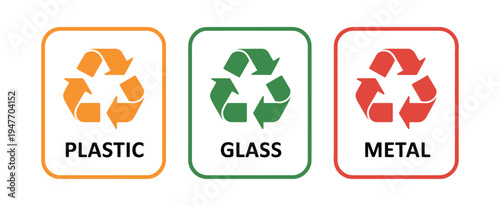 Recycling icons paper plastic glass metal organic color labels