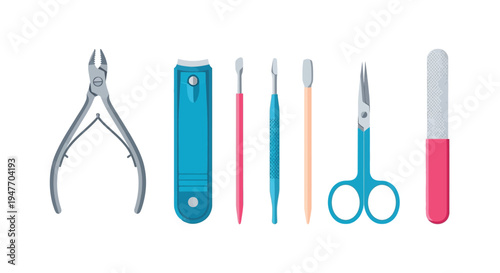 A colorful collection of manicure tools laid out in a horizontal row