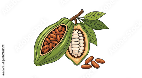 Illustration of a cocoa pod split open revealing beans and seeds