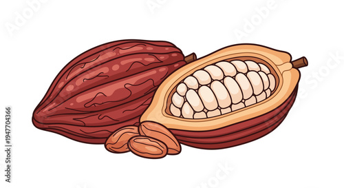 Illustration of a cocoa pod split open revealing beans inside