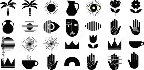 Boho abstract symbols icon collection, sun eye hand crown vase flower palm geometric shapes vector set for minimalist logo, branding, tattoo design