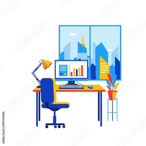 Modern Office Workspace with City View.