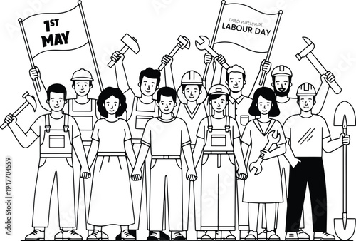 Minimal line art vector illustration showing a diverse group of workers standing together holding tools and flags celebrating International Workers Day. Characters include construction workers, labore