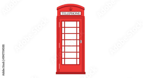 A classic red british telephone box stands isolated on a white background
