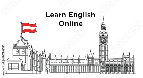 Learn english online with iconic austrian and british landmarks shown