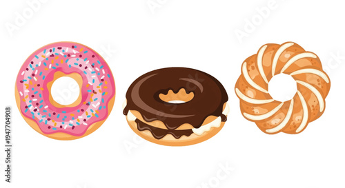 Three colorful donuts with various frostings and sprinkles are displayed