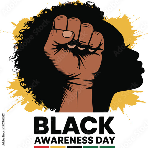 Black Awareness Day illustration with raised fist silhouette, African heritage celebration, equality justice and civil rights empowerment concept