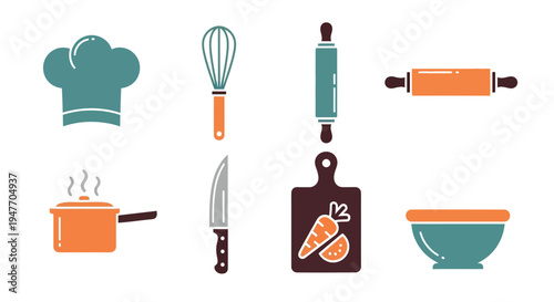 Colorful illustration of various baking and cooking utensils on white