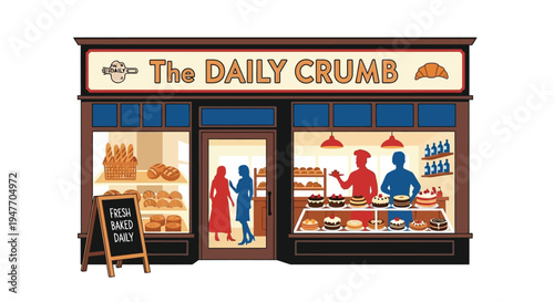 Illustration of a charming bakery storefront the daily crumb with people