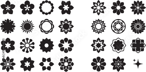 Black Floral Icon Set - Minimalist Geometric Flower Silhouettes
