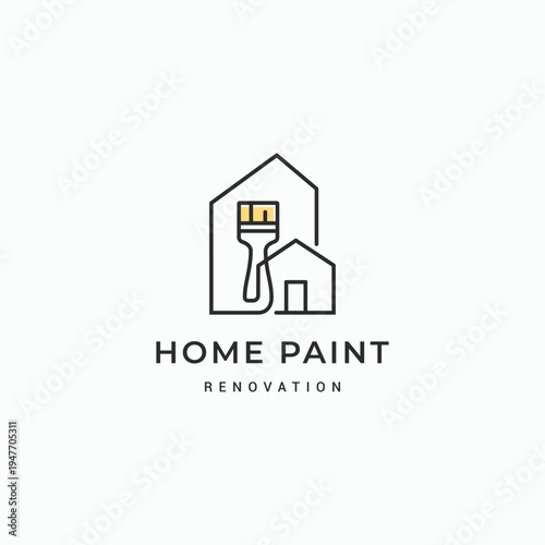 House with paint brush monoline style logo design. Minimal house painter symbol logo. Home renovation symbol