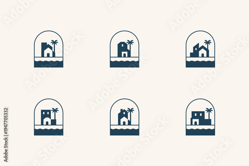 Collection of beach house logo simple flat badge emblem. Beach villa resort symbol logo icons set. Vector illustration