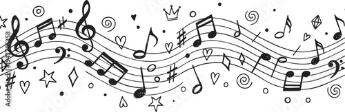 Hand-Drawn Musical Notes and Whimsical Symbols Horizontal Border