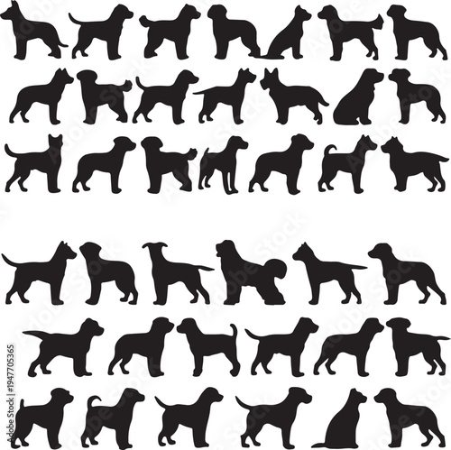 Diverse silhouettes of dogs in various breeds and postures displayed in a grid pattern