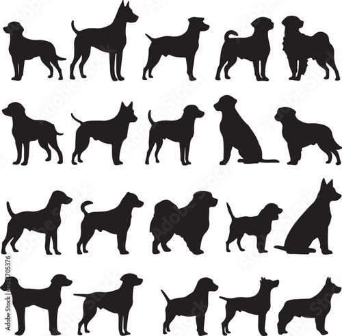 Collection of diverse dog silhouettes in various poses and breeds