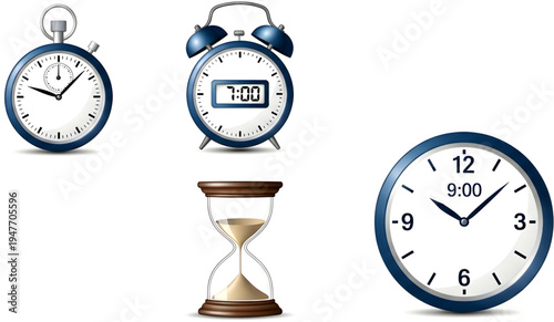 Collection of clocks and hourglass time management concept vector illustration flat design