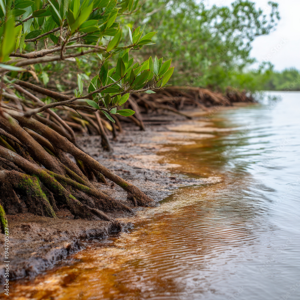 Obraz premium Tropical mangrove shoreline with tangled roots and shallow mudflats under overcast sky