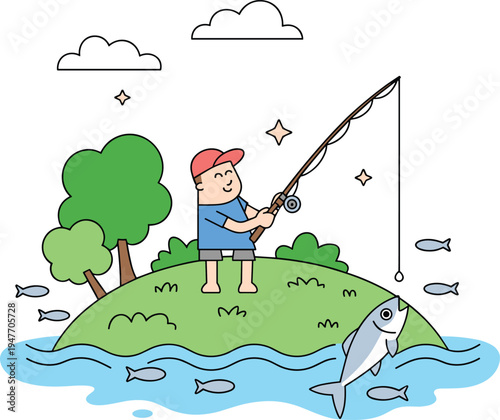 Boy fishing cartoon illustration, kid catching fish, outdoor activity, lake fishing scene, hobby sport concept, nature landscape, children vector artwork design