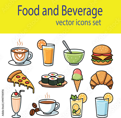 Food and Beverage Vector Icons Set with Coffee, Burger, Pizza, Sushi and Drinks