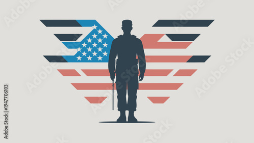 A patriotic illustration of a soldier standing in front of an American flag design with wings