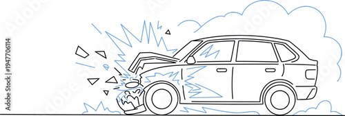 Car accident collision illustration, damaged vehicle crash scene, road traffic incident concept, auto crash vector line art design