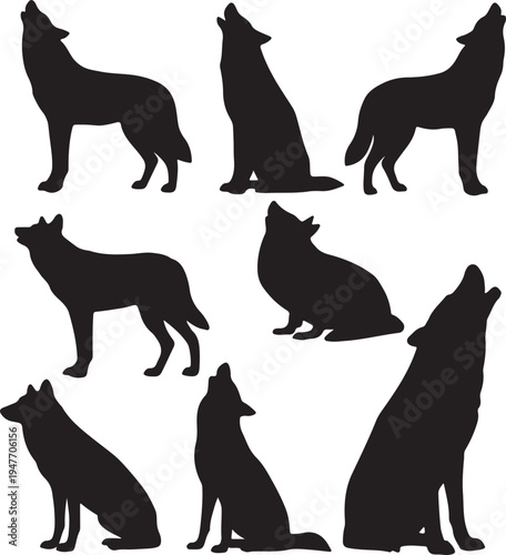 Silhouettes of various canines in different poses and stances