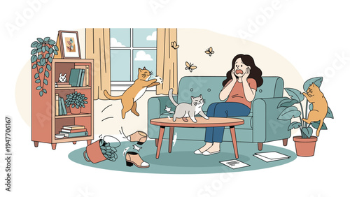 Shocked woman sitting on a sofa while three mischievous cats cause chaos in the living room by knocking over items and jumping around.