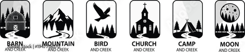 Nature landscape badge collection vector illustration, barn mountain bird church camp moon and creek scenes in vintage outdoor emblem logo design set