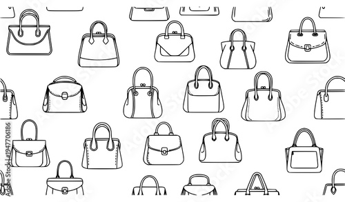 Elegant women handbag line icons seamless pattern with purse tote and fashion bag vector set