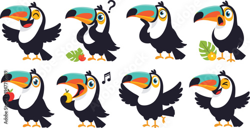Cute toucan cartoon character set with different emotions and actions including singing, eating fruit, thinking and waving, colorful tropical bird mascot vector collection
