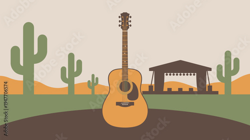 An acoustic guitar stands alone in a desert landscape with a stage in the background.