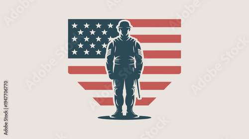 A patriotic illustration of a soldier standing in front of the American flag