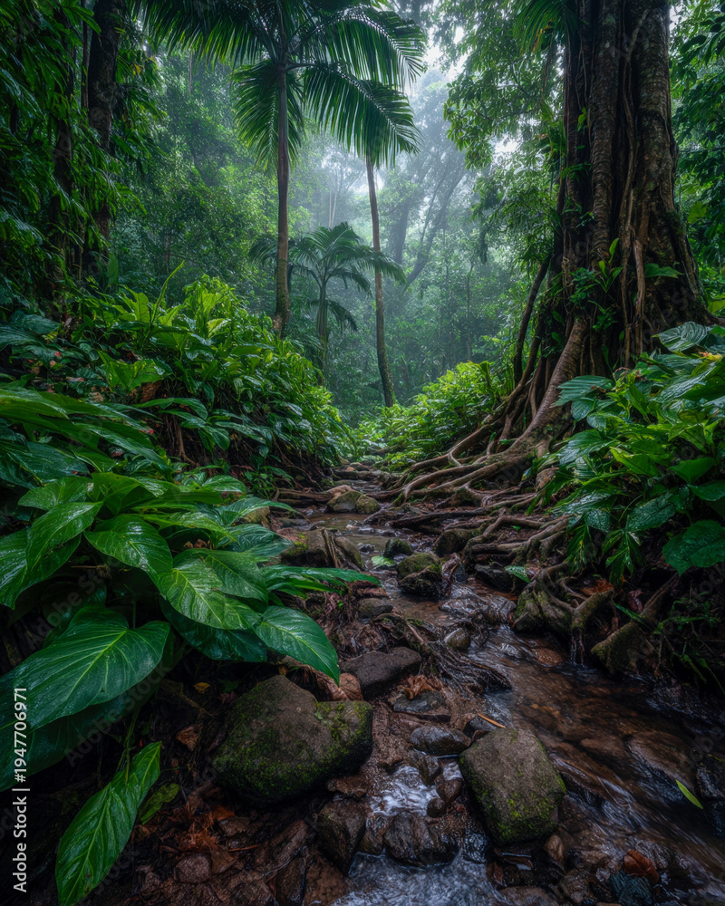 Fototapeta premium Tranquil rainforest creek flowing over wet stones and dark roots under lush green canopy