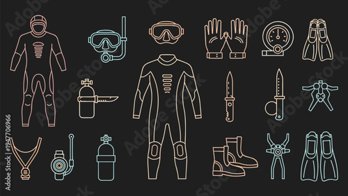 Detailed set of scuba diving equipment icons in a neon outline style on a black background for underwater sports enthusiasts.