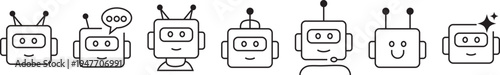 A collection of seven simple line art robot head icons with varied expressions antenna styles speech bubble and a headset