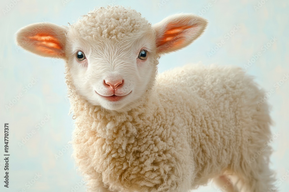 Fototapeta premium adorable fluffy cream lamb with large pink inner ears and curly fleece standing against a soft pale blue background conveying gentle curious charm