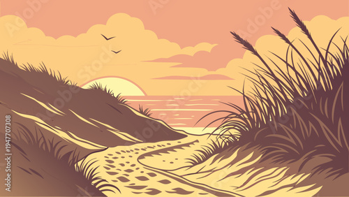 Golden Hour Beach Path with Dune Grasses Vector