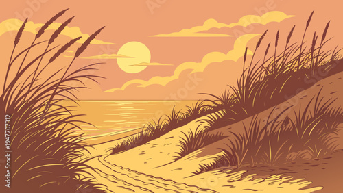 Golden Hour Beach Path with Dune Grasses Vector