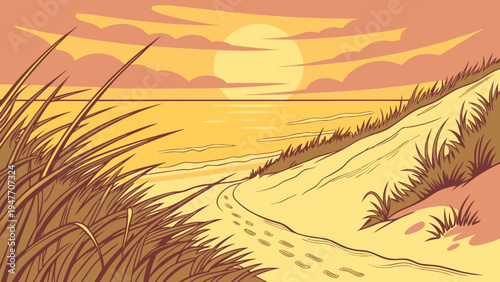 Golden Hour Beach Path with Dune Grasses Vector