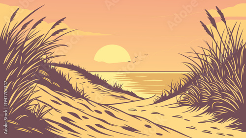 Golden Hour Beach Path with Dune Grasses Vector