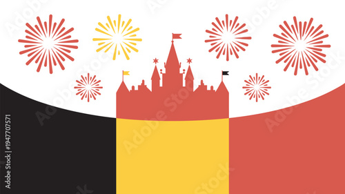 A colorful illustration of a castle with fireworks on a Belgian flag background