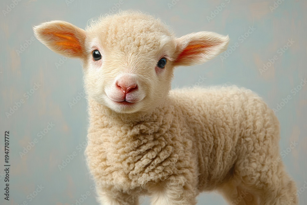 Obraz premium fluffy lamb with perky ears and soft curly wool on a pastel blue backdrop conveying warmth and innocence