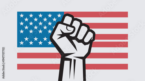 A raised fist in front of the American flag, symbolizing patriotism and protest