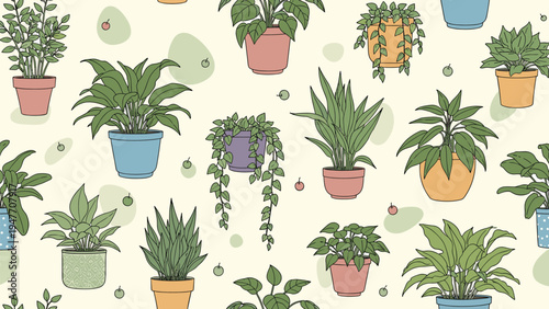 Seamless pattern of various indoor houseplants in colorful ceramic pots on a light background for home decor and nature lovers.